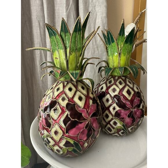 2 Vintage Cloisonné Enameled Pineapple Candlestick Holders Hollywood regency set - Picture 7 of 16